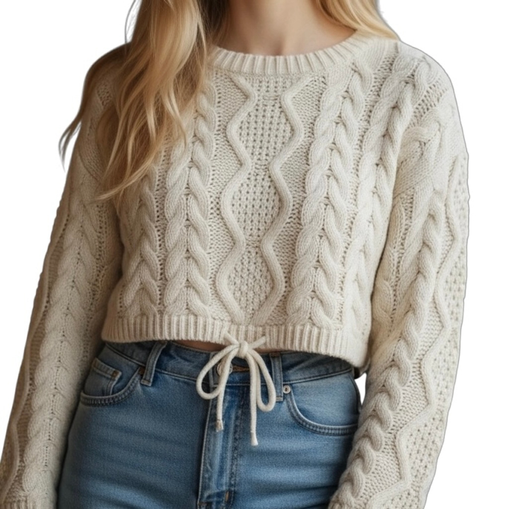 Double Zero Cream Cable Knit Cropped Long Sleeve Waist Tie Sweater Size SMALL